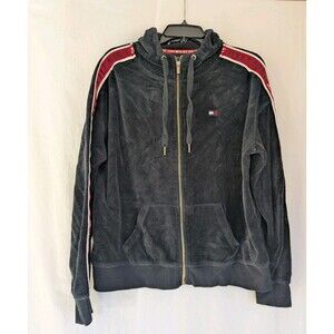 Tommy Hilfiger Sport 85 Jacket Velour Women's L Zip Hoodie Black Arm Stripe